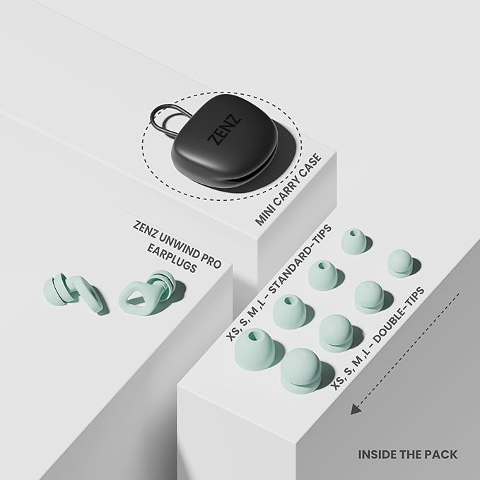 Zenz Unwind Pro Ear Plugs for Sleeping Noise Reduction – Soft Silicone Reusable Earplugs for Sleep, Focus & Work – 35dB Noise Reduction with Storage Case – XS/S/M/L Eartips (Dew Mint, One Size)