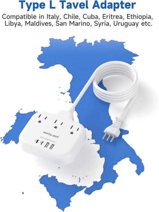 Italy Travel Plug Adapter with 5FT Extension Cord, meta-ant Italy Power Adapter with 3 American Outlets 4 USB Ports(2 USB-C), Type L Adapter for US to Italy Chile Ethiopia Libya Syria Tunisia Uruguay