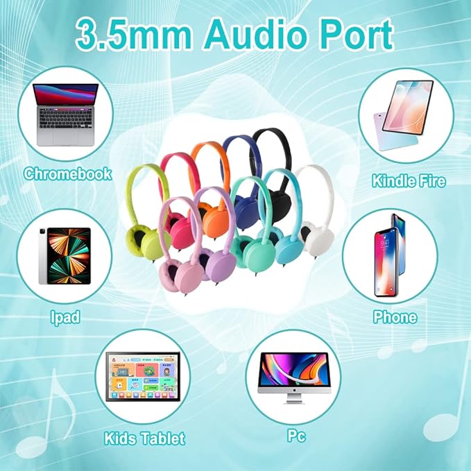 CN-Outlet Classroom Kids Headphones Bulk 100 Pack 10 Colourful Class Set of Headphones for Students Children Toddler Boys Girls Teen and Adult