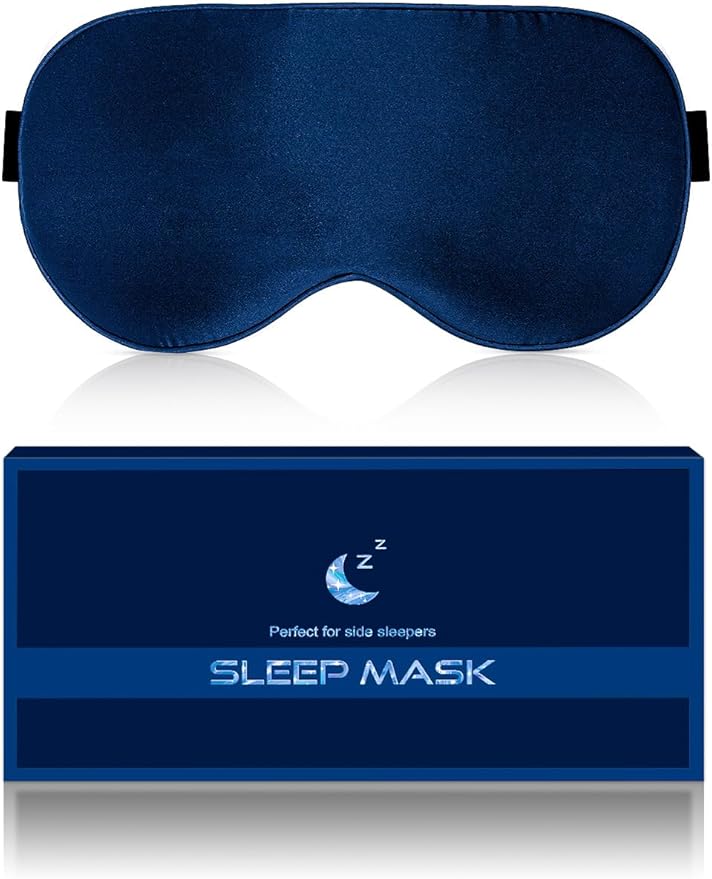 Silk Eye Mask for Sleeping - Soft Breathable Organic Natural Mulberry Silk Fabric Blackout Sleep Mask with Adjustable Straps No Pressure Eye Mask for Travel Essentials Gifts (Navy Blue)
