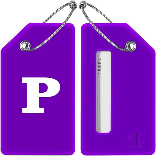 Gostwo 2 Pack Silicone Luggage Tags for Suitcases, 26 Initial Letter Baggage Labels Handbag School Bag Suitcase Instrument Tag with Stainless Steel Loop(Purple) (Letter P)