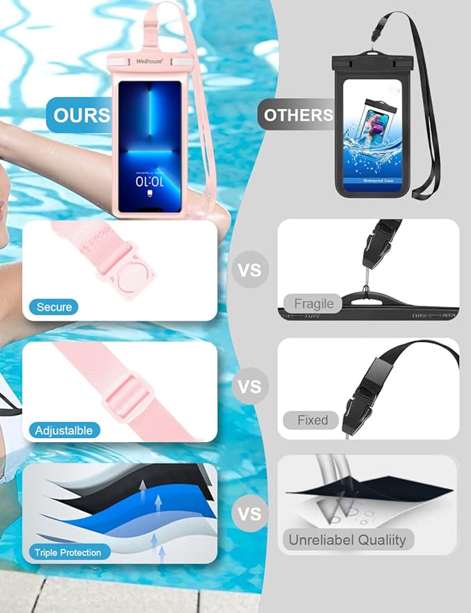 wellhouse Waterproof Phone Pouch, Waterproof Phone Case for iPhone 16 15 14 13 12 Pro Max XS Samsung, IPX8 3D Cellphone Dry Bag Beach Essentials (2 Pack - Blue & Pink7.0, 7 inch)