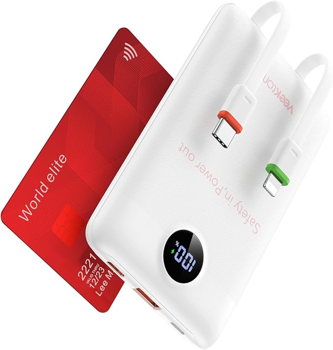 VEEKTOMX Portable Charger,10000mAh Power Bank with Built-in Cable and 22.5W Fast Charging,Travel Camping Essential,for iPhone 17/16/15/14,Samsung 25/24,and More