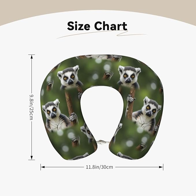 Comfortable Memory Foam Neck Pillow Lemur, Travel U Shaped Airplane/Car/Flight Pillows with Removable Zipper Cover, Chin Head Neck Support Cushion