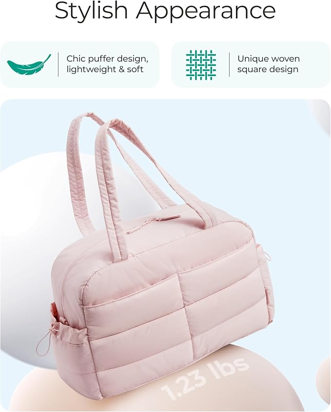 BAGSMART Gym Bag for Women, Lightweight Puffer Duffle Bag 2-PC Travel Bag, 31L Weekender Overnight Bag Quilted Carry On Tote Bag, Diaper Hospital Dance bag for Travel, Gym, Water Resistant, Pink