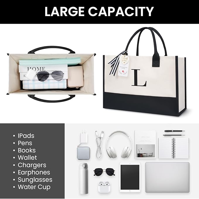 BAGAIL Initial Tote Bag, Personalized Birthday Gifts for Women, Teacher, Friends, Mom, Wedding, Monogrammed Beach Bag