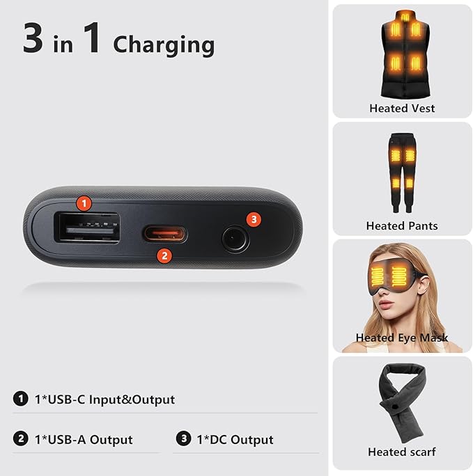ColdBye Mini 𝟏𝟎𝟎𝟎𝟎𝐦𝐀𝐡 5V 2A/3A 7.4V/3A Heated Vest Battery Pack Compatible with Major Heated Clothing Brands, Ultra-Light Portable, USB, Type-C and DC Ports