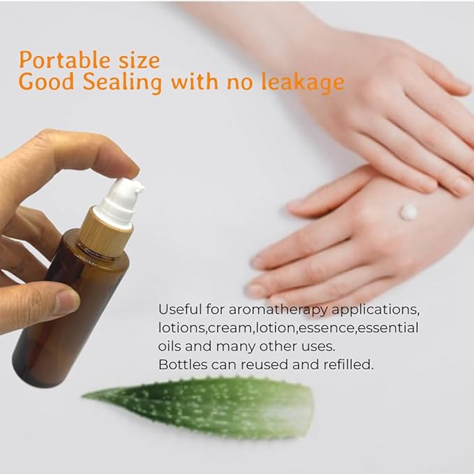 Empty Cosmetic Glass Lotion Bottles 2.6oz/80ml 4 PACK with Pump Refillable Dispenser for Emulsion,Moisturizer Cream Liquids,Essential Oil Skin Care Travel Containers(Brown Clear)