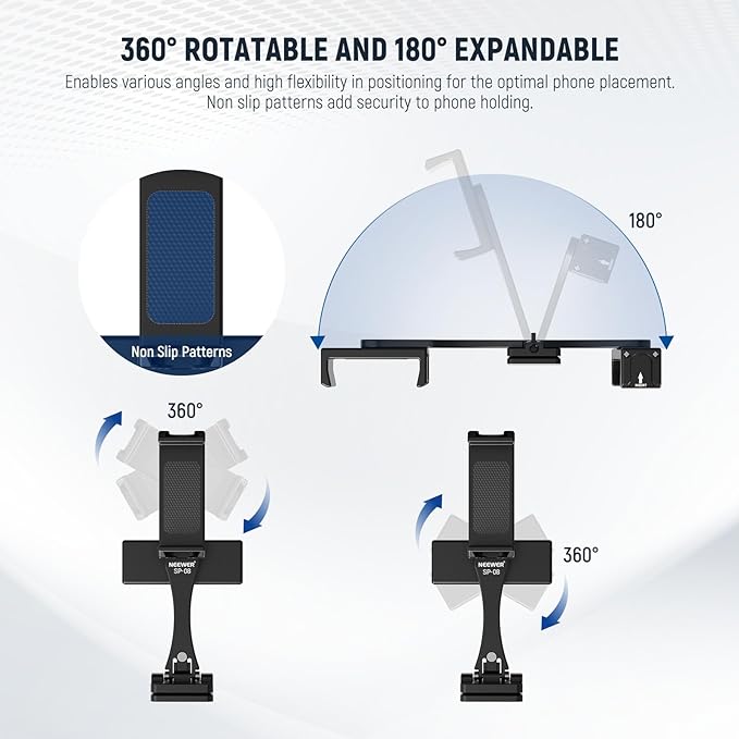 NEEWER Metal Phone Tripod Mount Adapter with Arca QR Base, 360° Rotatable Dual Cell Phone Clip Clamp Holder with 4 Cold Shoes Compatible with iPhone Samsung for Vlog Live Stream Video Recording, SP-08