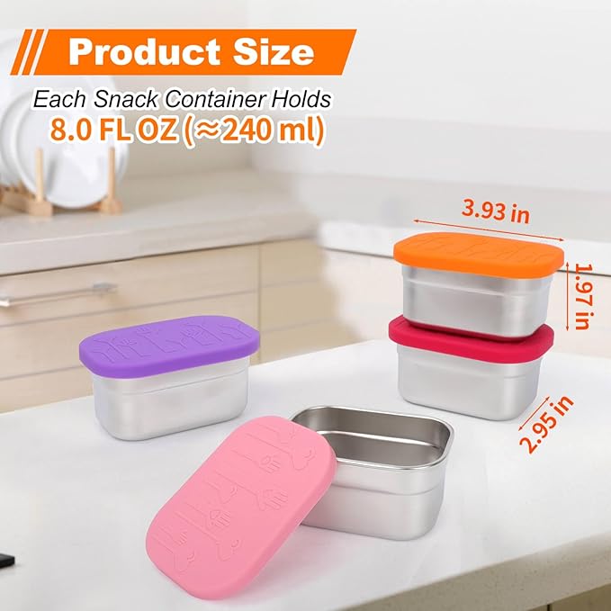 4 Pack Stainless Steel Snack Containers with Lids Set, 8 oz Rectangular Easy Open Leakproof Reusable Snack Box Container for Lunch, Small Lunch Food Containers for Meal Prep, Salad Dressing To Go