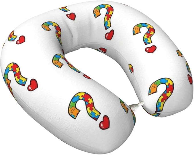 Unique Travel U Shaped Pillows Heart Autism Awareness Ribbon for Airplanes Car Flight, Comfortable Chin Head Neck Cushion Supporting, Polyester Removable Cover