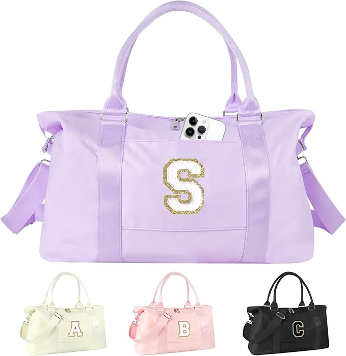 Dance Gym Duffel Bag for Teen Girls, Personalized Initial Travel Weekender Bag,Cute Overnight Carry On Duffle for Women,Sports Travel Cheer Bag,Monogram Christmas Gifts for Tween Preppy(purple-S)