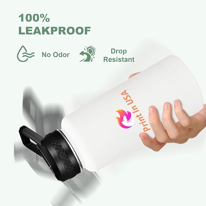 Personalized Custom Print in USA Water Bottle 32oz Stainless Steel Double Wall Coffee Cup with Lid & Straw Insulated Tumbler with Colorful Text Logo Photo