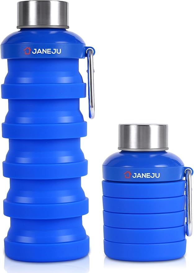 JaneJu Collapsible Water Bottle, 17oz BPA Free Silicone Reusable Portable Lightweight Foldable Water Bottles with Carabiner, Portable Leak Proof Sports Water Bottle (Navi Blue)