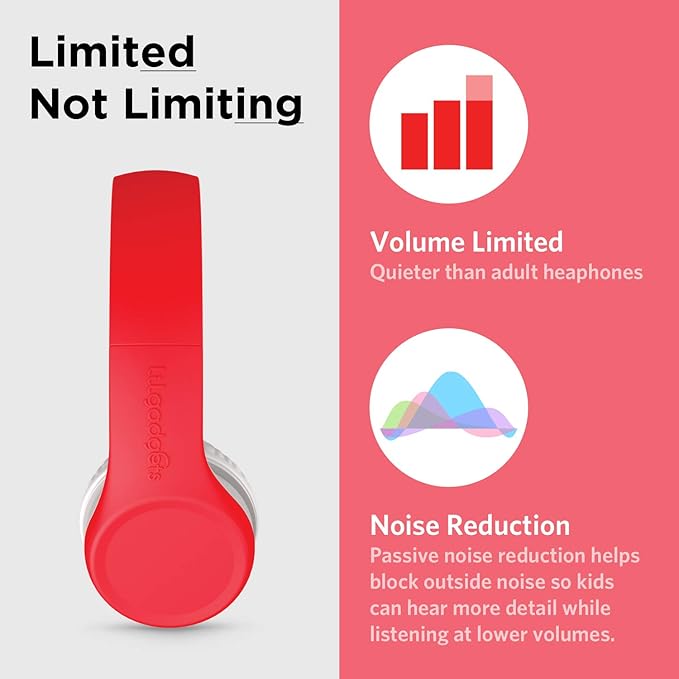LilGadgets Connect+ Foldable Headphones, Adjustable Fit Soft Touch Padding for Kids with Mic, Volume-Limited & Noise Reduction On-Ear Wired Headset for School with SharePort - Red, Ages 3-14