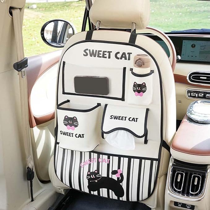 YUNZLAN Leather Backseat Car Organizer, Kick Mats Back Seat Protector with Touch Screen Tablet Holder Back Seat Organizer for Kids with 4 Storage Pockets Travel Accessories (BeigeBlackCat)