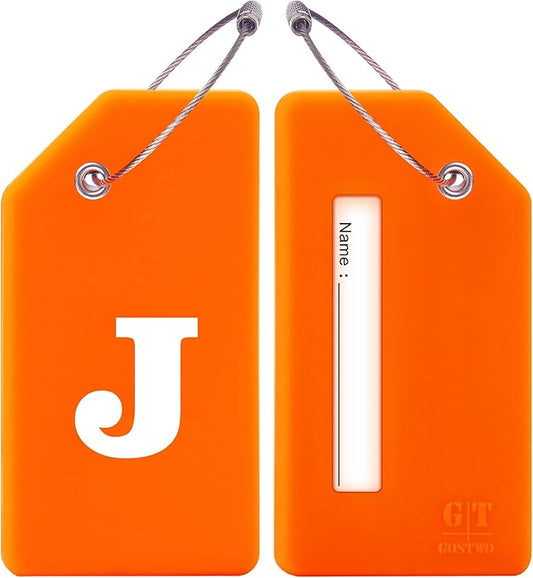 Gostwo 2 Pack Silicone Luggage Tags for Suitcases, 26 Initial Letter Baggage Labels Handbag School Bag Suitcase Instrument Tag with Stainless Steel Loop(Orange)(Letter J)