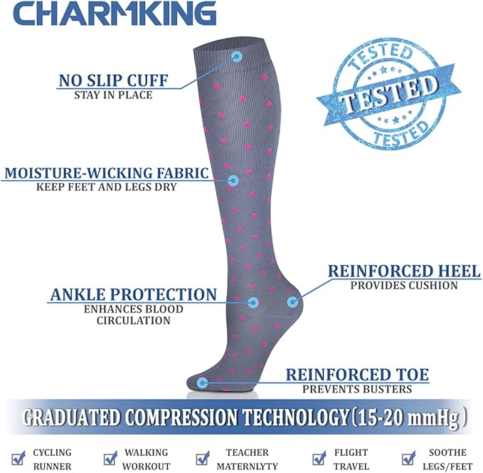 CHARMKING Compression Socks for Women & Men Circulation (8 Pairs) 15-20 mmHg is Best Support for Athletic Running,Cycling
