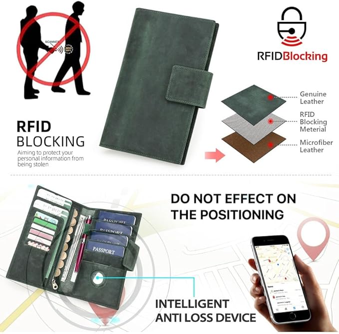 Unisex Genuine Leather Wallet Retro Crazy Horse Leather RFID Blocking Family Travel Passport Holder Slot (Red)