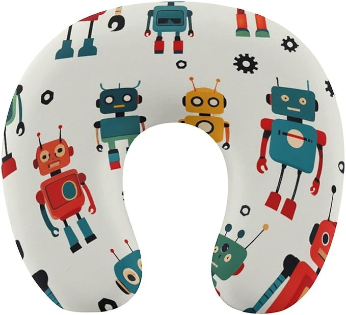 Chin Supporting U-Shaped Neck Pillow Memory Foam Travel, Robots On Gray U-Shape, Office Home Airplane Comfort