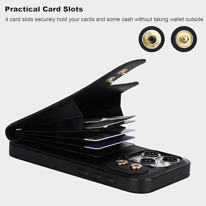 Folosu Compatible with iPhone 15 Pro Case Wallet with Card Holder, 360°Rotation Finger Ring Holder Kickstand, RFID Blocking Leather Protective Double Buttons Shockproof Cover 6.1 Inch Black