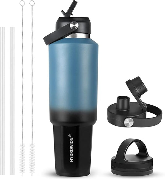 HYDROWION 32 oz Insulated Water Bottle, Car Water Bottle Holder - Double Wall Vacuum Insulated Travel Bottle with Straw Lid, Spout Lid and Flex Cap - Cold for 24H, Hot for 12H, Blue - Black
