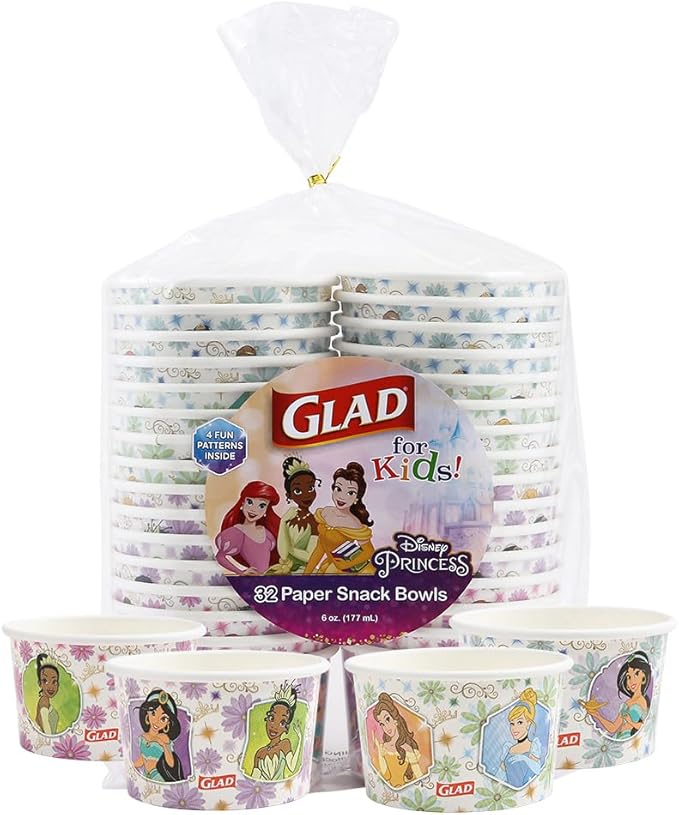 Glad for Kids Disney Princess Disposable Paper Snack Bowls, Lids Not Included, Floral Frames - Heavy Duty, Microwavable, Disposable Snack Cups with Lid for Soup or Ice Cream, 6 Oz, 20 Count