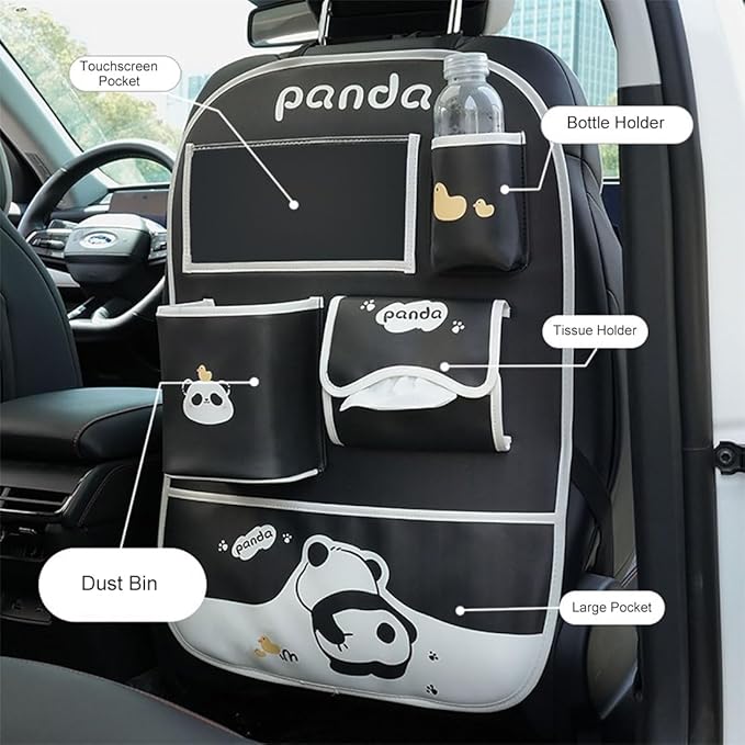 YUNZLAN Cute Panda Leather Car Backseat Organizer 1 Pack Car Seat Back Protectors with Clear 10" Tablet Holder + 4 Storage Pockets