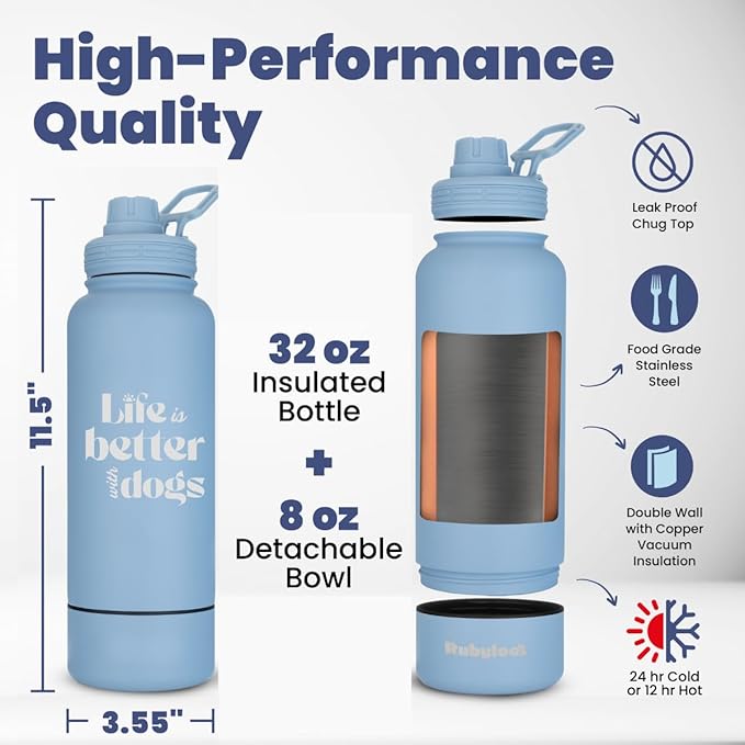 Dog Water Bottle for Dog Lovers - 32 oz Stainless Steel Double Wall Insulated Water Bottle with 8 oz Detachable Bowl on Bottom- Ideal Doggy Lover Gift for Christmas - “Life is Better” - Dusty Blue
