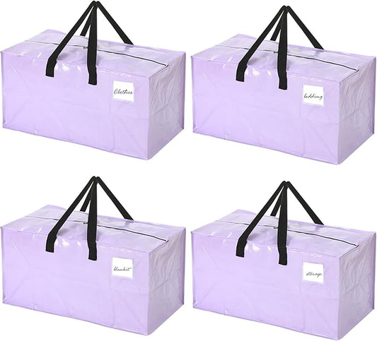 4 Pcs 24 Gallon Large Moving Bags with Zipper and Handles Foldable Storage Duffle Bags Heavy Duty Extra Large Totes for College Dorm Travel Clothes Blankets Bedding Moving (Purple)