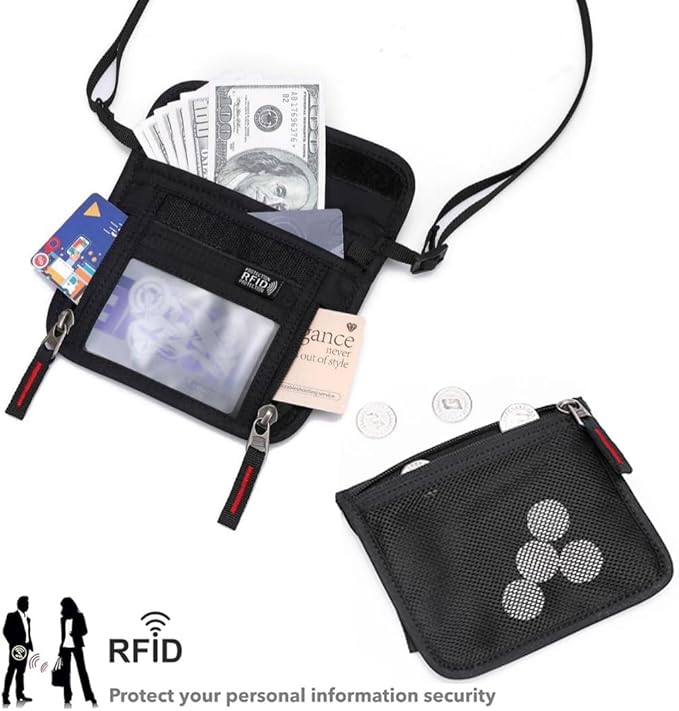 Passport Holder for Travel Pouch Neck Wallet for Traveling Women Men with RFID Blocking Waterproof and Slim Neck Pouch Adjustable Neck Strap (Light grey)