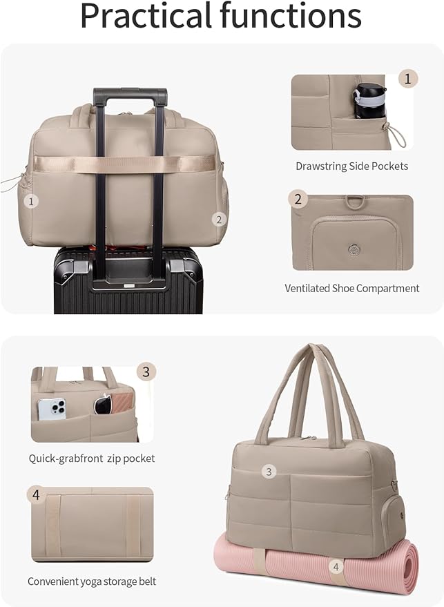 Gitus Carry On Duffle Gym Bag for Women Puffer Weekender Overnight Duffel Bag for Travel with Clear Toiletry Pouch Sport Yoga Fitness Essentials Gifts (Camel)