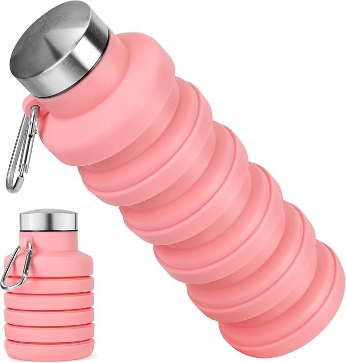 Collapsible Water Bottle, 16oz Portable Reusable Silicone Water Bottle, BPA-Free Leak-Proof Foldable Design with Carabiner, Lightweight Durable for Gym, Travel, Camping, Hiking, Sportsr-Pink