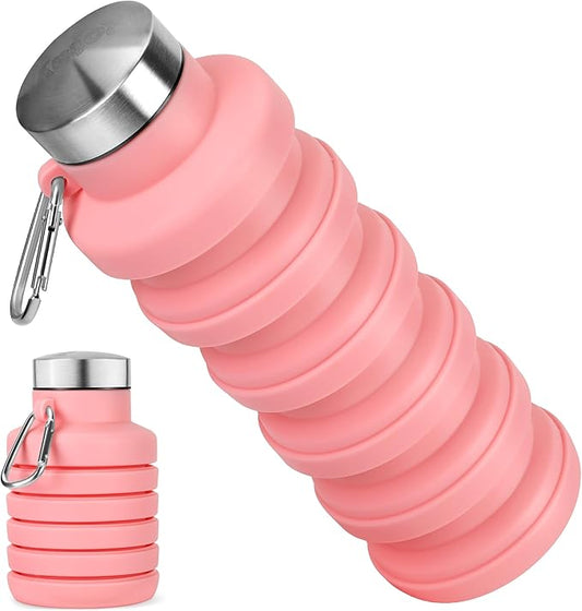 Collapsible Water Bottle, 16oz Portable Reusable Silicone Water Bottle, BPA-Free Leak-Proof Foldable Design with Carabiner, Lightweight Durable for Gym, Travel, Camping, Hiking, Sportsr-Pink