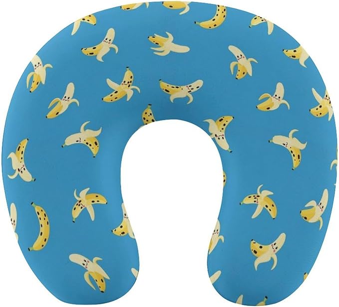 Chin Support Travel Pillow Memory Foam U Shaped Cushion Banana Fruit Blue, Breathable Washable Cover for Men Women Airplane Car Sleep