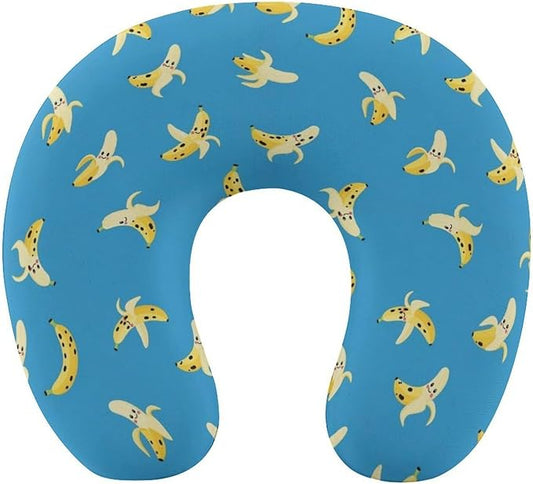 Chin Support Travel Pillow Memory Foam U Shaped Cushion Banana Fruit Blue, Breathable Washable Cover for Men Women Airplane Car Sleep