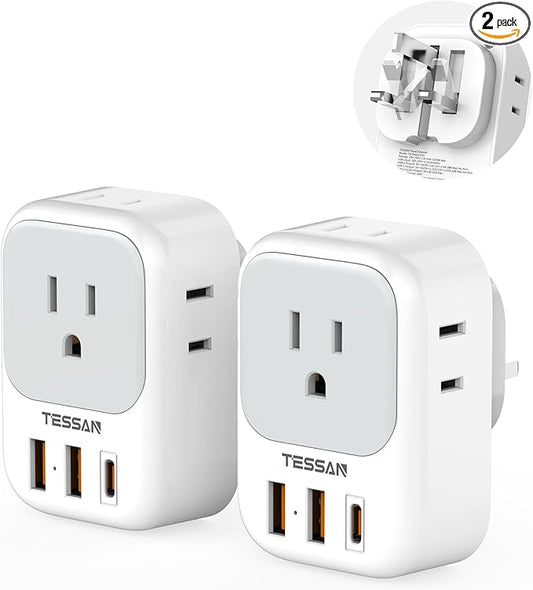 UK Adapters for Travel, TESSAN US to UK Ireland Plug Adapter 20W, Foldable Power Adaptor with 4 Outlets 3 USB(PD 20W 1 USB C) Charger, Type G for USA to Scotland London England Hongkong Dubai Irish