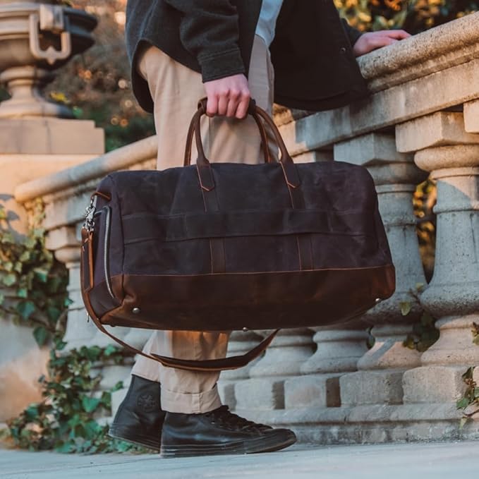 Waxed Canvas Weekender Duffle Bag, Vintage Style Travel Bag with Leather Trim, Army Green (Black)