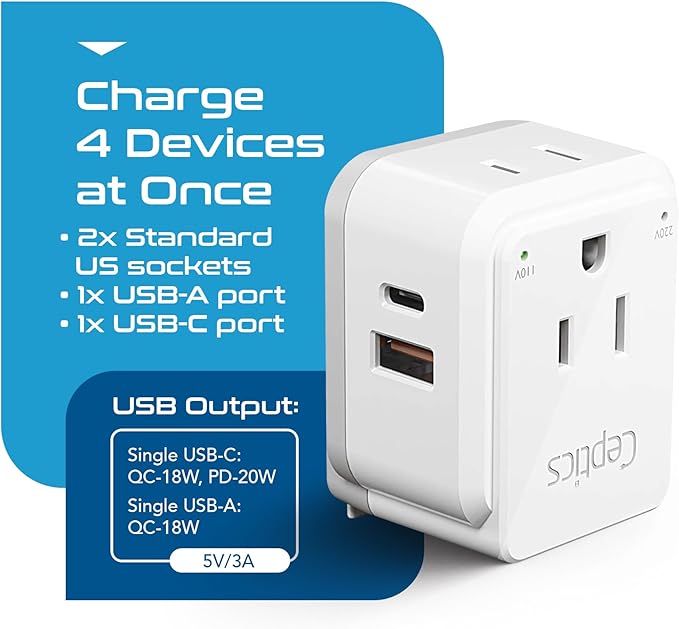 Ceptics European Plug Travel Adapter Set, 20W PD & QC, Safe Dual USB & USB-C - 2 USA Socket - Compact - Use in Germany, France, Italy, UK - Includes Type E/F, Type C, Type G SWadAPt Attachments