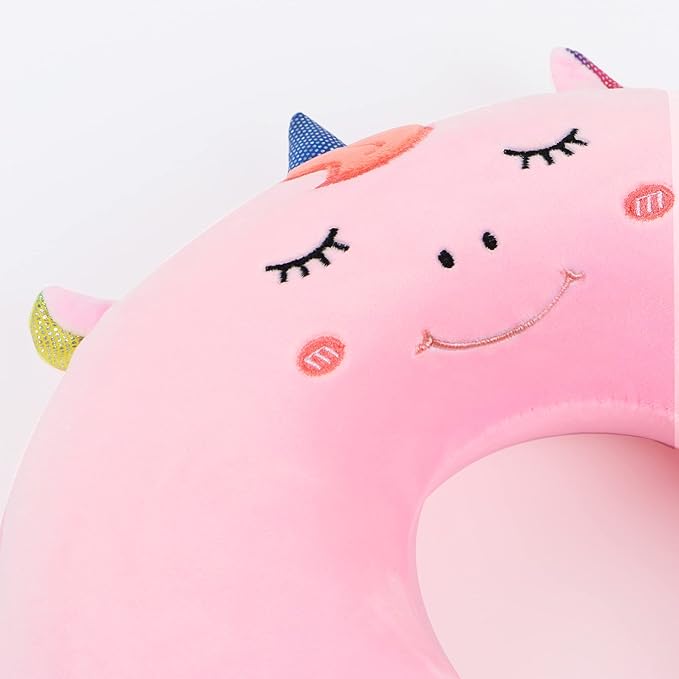 Sexysamba Cartoon Headrest & Neck Pillow for Kids Boys & Girls, Teens, Travel Accessories for Airplane, Car, Recline, Memory Foam Cute Travel Pillow with Sleep Eye Mask - Pink Unicorn
