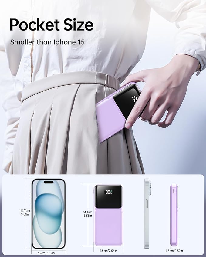 Portable Charger with Built in Cable - 22.5W Power Bank Fast Charging USB C LED Display 10000mAh Travel Battery Pack 5 Outputs & 3 Inputs for iPhone Samsung Android iPad Phones Tablets etc