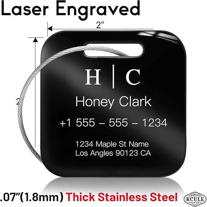 Stainless Luggage Tags for Suitcases 4 Pack: Metal Personalized Luggage Tags for Backpacks & Bags with Customizable Texts (Black)