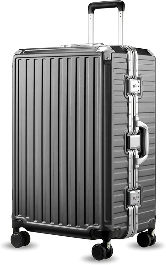 LUGGEX Checked Suitcase with Spinner Wheels, 28 Inch Aluminum Frame Zipperless Polycarbonate Hard Shell Suitcase, Charcoal Metallic
