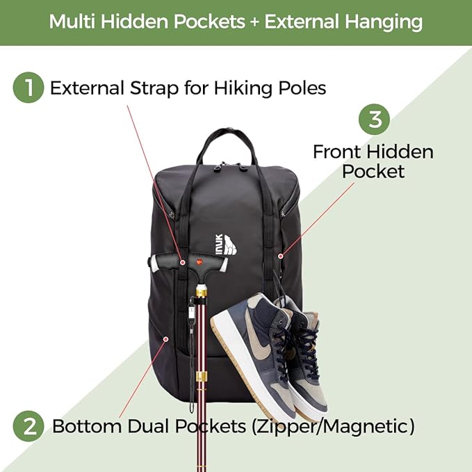 INUK Laptop Backpack for College Students & Work, 25L Lightweight Waterproof Backpack for Business Travel, Hiking Daypack with Padded Sleeve and Safety Whistle, Made from Recycled Materials，Black