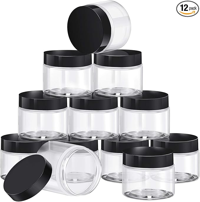 SATINIOR 12 Pack 2 oz Plastic Container Jars with Lids Round Clear Travel Cosmetic Container Slime Jars for Toiletries, Lotion, Cream, Ointments, Makeup, Rhinestone, Samples, Kitchen Storage(Black)