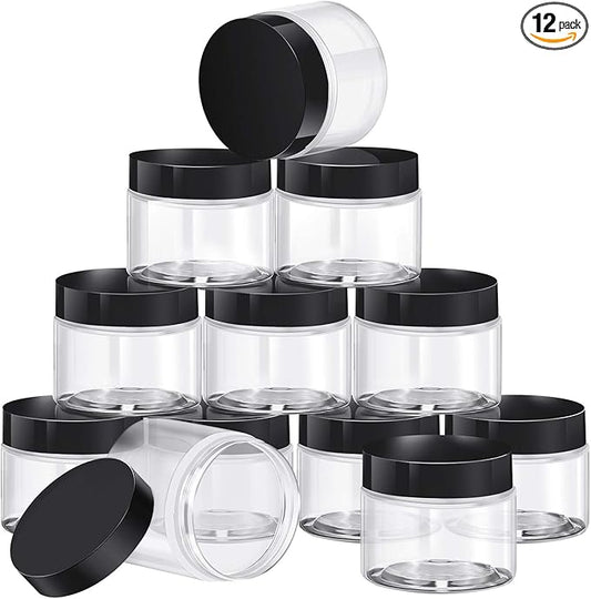 SATINIOR 12 Pack 2 oz Plastic Container Jars with Lids Round Clear Travel Cosmetic Container Slime Jars for Toiletries, Lotion, Cream, Ointments, Makeup, Rhinestone, Samples, Kitchen Storage(Black)