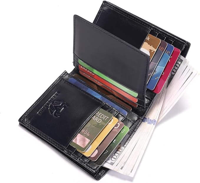 LEBULLBRO Genuine Leather Bifold Wallet RFID Blocking Wallet Large Capacity Purse Credit Card Holder for Men with 15 Card Slots (Navy)