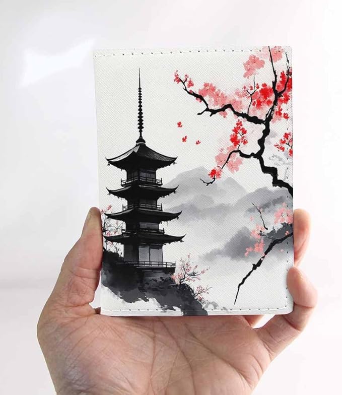 Sakura Branch Passport Holder for Travel Pagoda Traditional Oriental Style PU Leather Passport Cover Wallet Cute Passport Card Holder for Women and Men