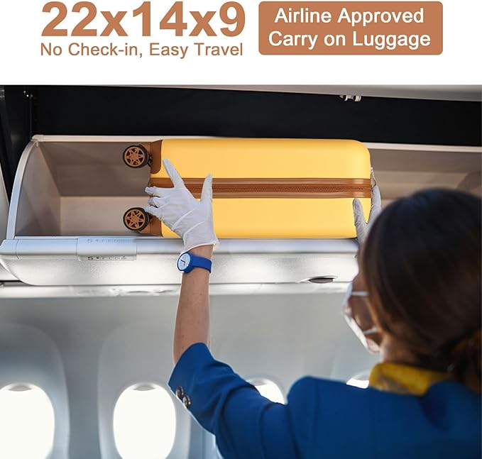 Kono Carry On Luggage 22x14x9 Airline Approved Lightweight Hardside Suitcase with Spinner Wheels & Built-in TSA Lock (Yellow, 20 Inch)