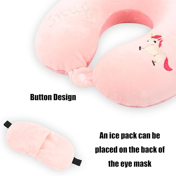 Kids Neck Pillow for Travel with Sleep Eye Mask, Cute Travel Neck Pillow, Memory Foam Flight Sleeping Headrest Pillow for Boys & Girls, Airplane, Train, Car, Home Use - Little Pink Unicorn